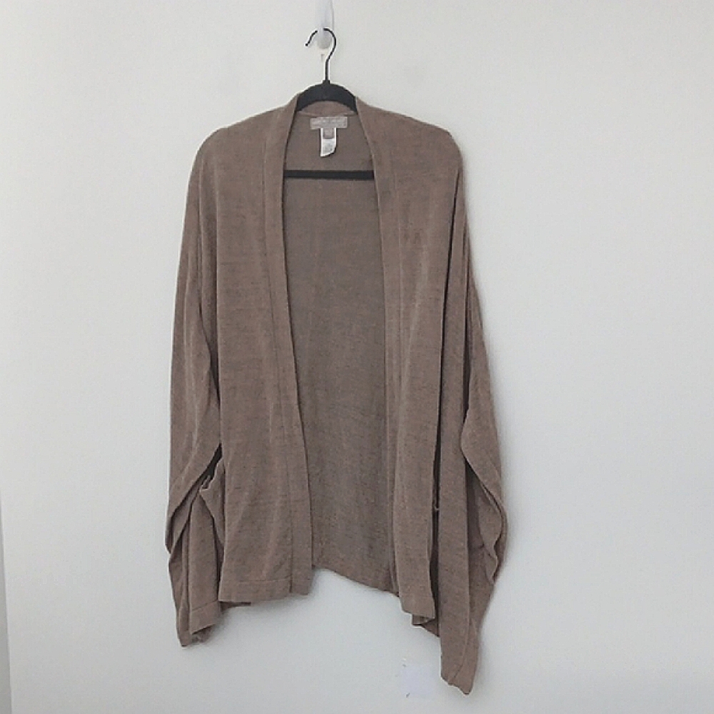 Barefoot Dreams Ponco Tan Oatmeal Cardigan Sweater Open Front Pockets Pre-owned